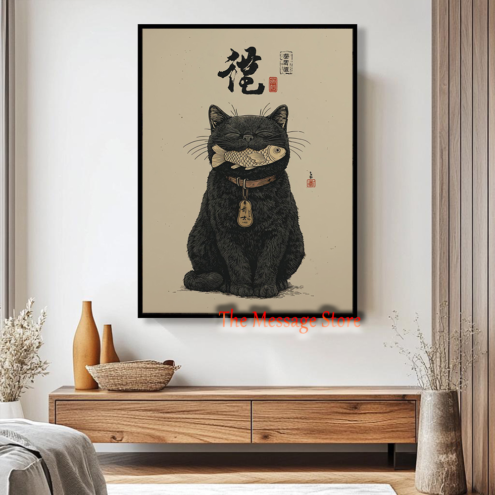 블랙 럭키 캣 우키요에 일본식 물고기 참 장식 벽 장식 - Japanese Lifestyle And Traditions 리뷰 및 가격