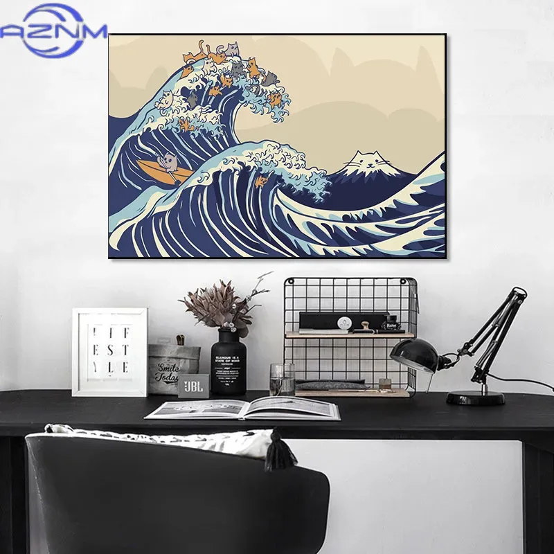 AZNM 캔버스 페인팅 큰 물결 모양의 카나 나가와 포 - Japanese Lifestyle And Traditions 리뷰 및 가격
